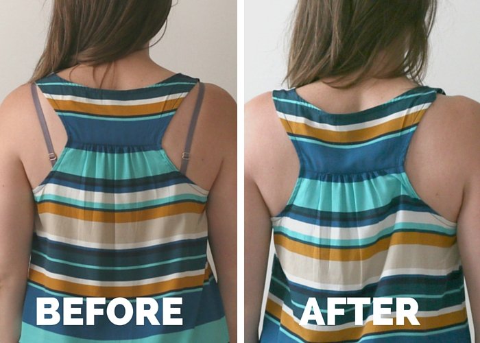 Before and After No-Sew Hidden Bra Strap Fix