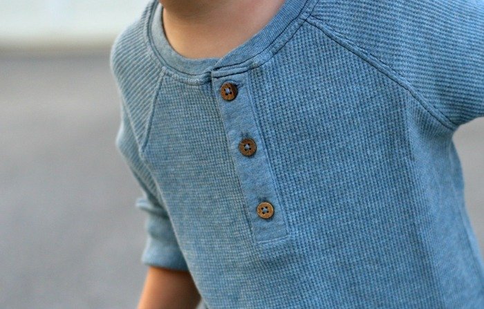 little boy in burts bees blue henley for fall