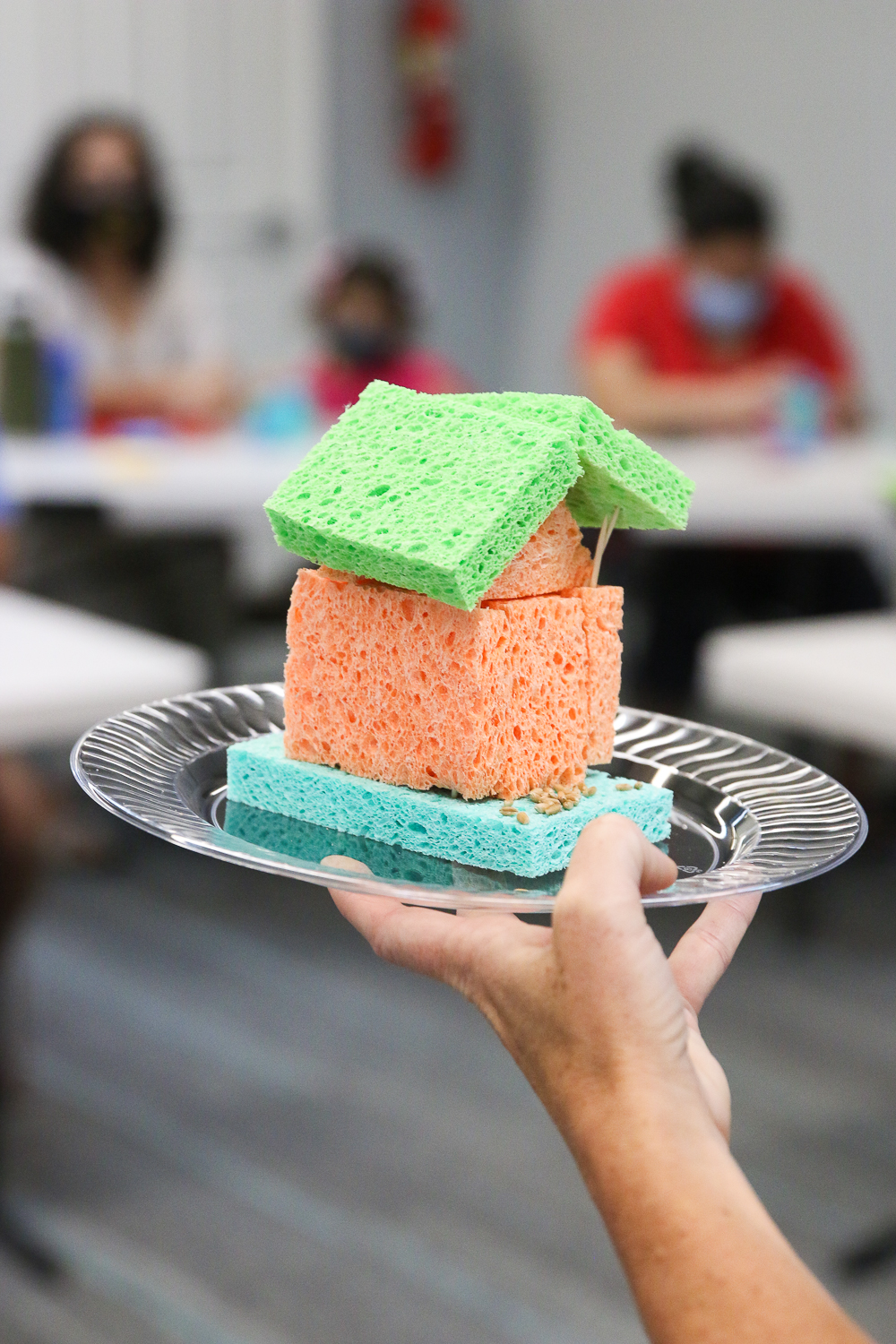 holding up a sprout house made of sponges