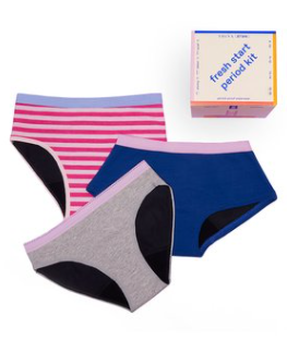 3 Thinx period panties in pink and gred stripe with blue band, grey with purple band and blue with purple band. A box that says fresh start period kit