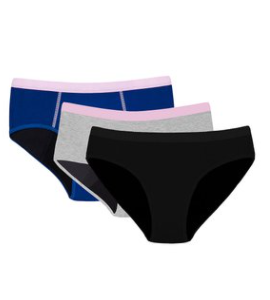 3 Thinx period panties in black, grey with purple band and blue with purple band