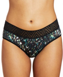 Thinx period panties in black with lace at band and marbled print on main area