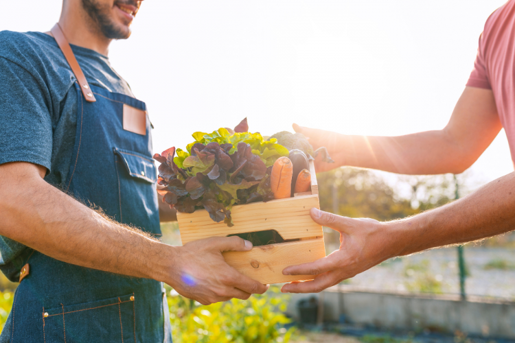 Two people exchanging a wooden crate of fresh vegetables.