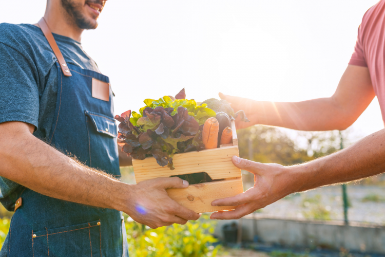 Two people exchanging a wooden crate of fresh vegetables. 