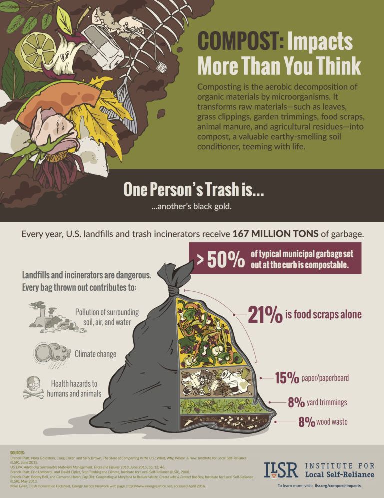 Graphic describing how compost impacts more than you think. Includes facts about how trash is another's black gold. More than 50% of typical municipal waste is compostable (food waste, paper, yard trimmings, and wood waste). 