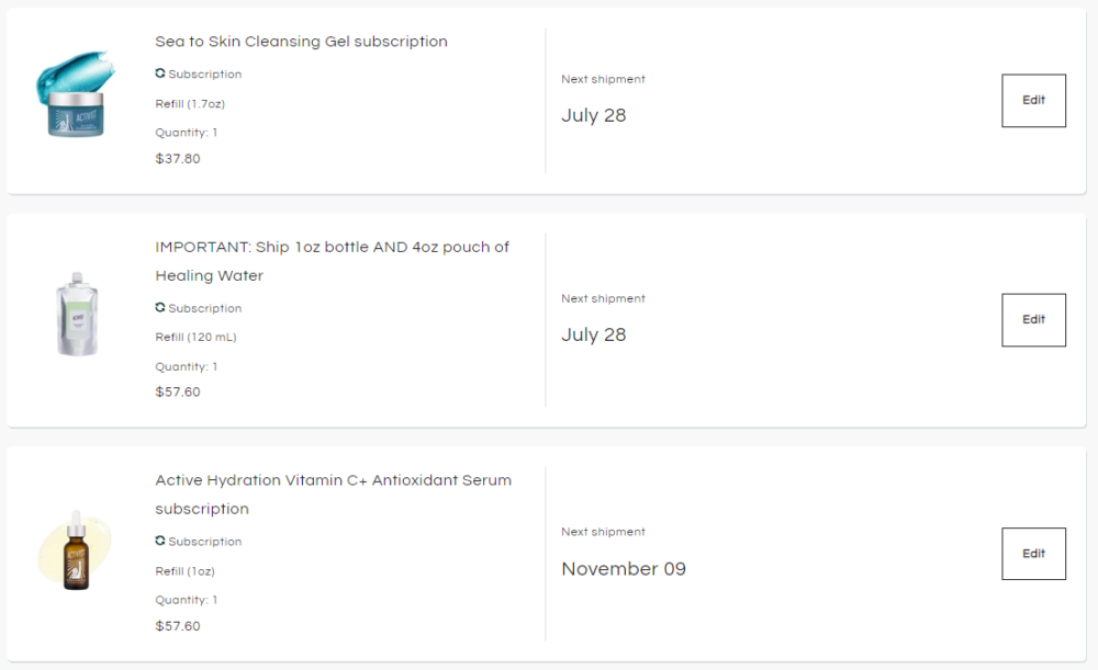 Activist Skincare Subscription Adjustment Portal showing options to adjust three of their products